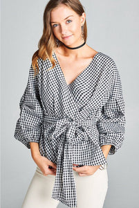 Gingham Top With Surplice Tie Waist and Ruched Sleeves