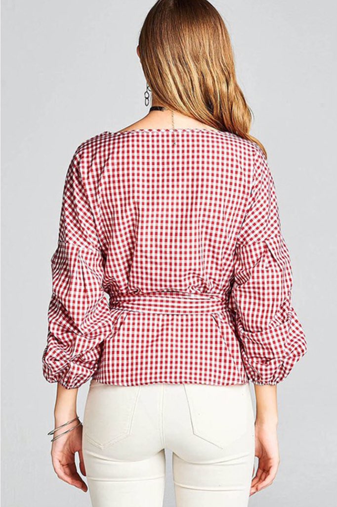 Gingham Top With Surplice Tie Waist and Ruched Sleeves